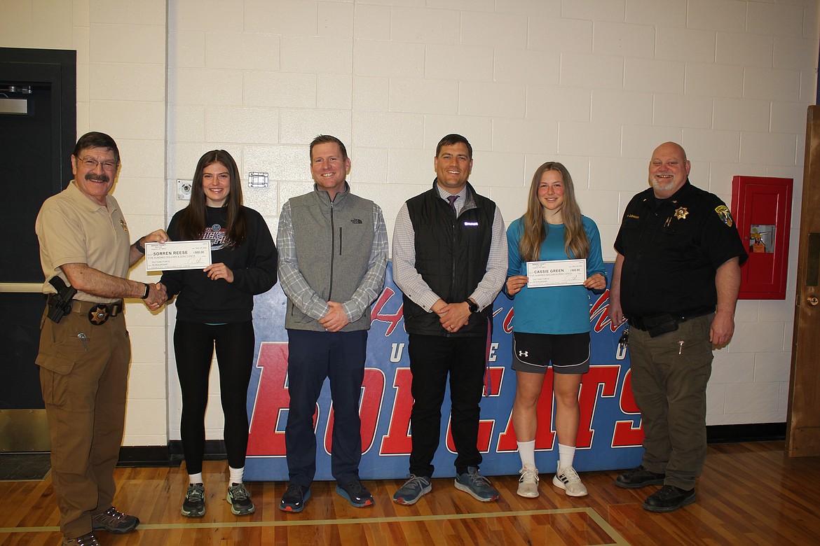 Ernie Ornealas, DUI Task Force Coordinator. Sorren Reese, scholarship recipient.  Byron Quinlan, School Counselor. Logan Labbee, Superior High School Principal. Cassie Green, the other receiver of the DUI Task Force scholarship, and Undersheriff Wayne Cashman.