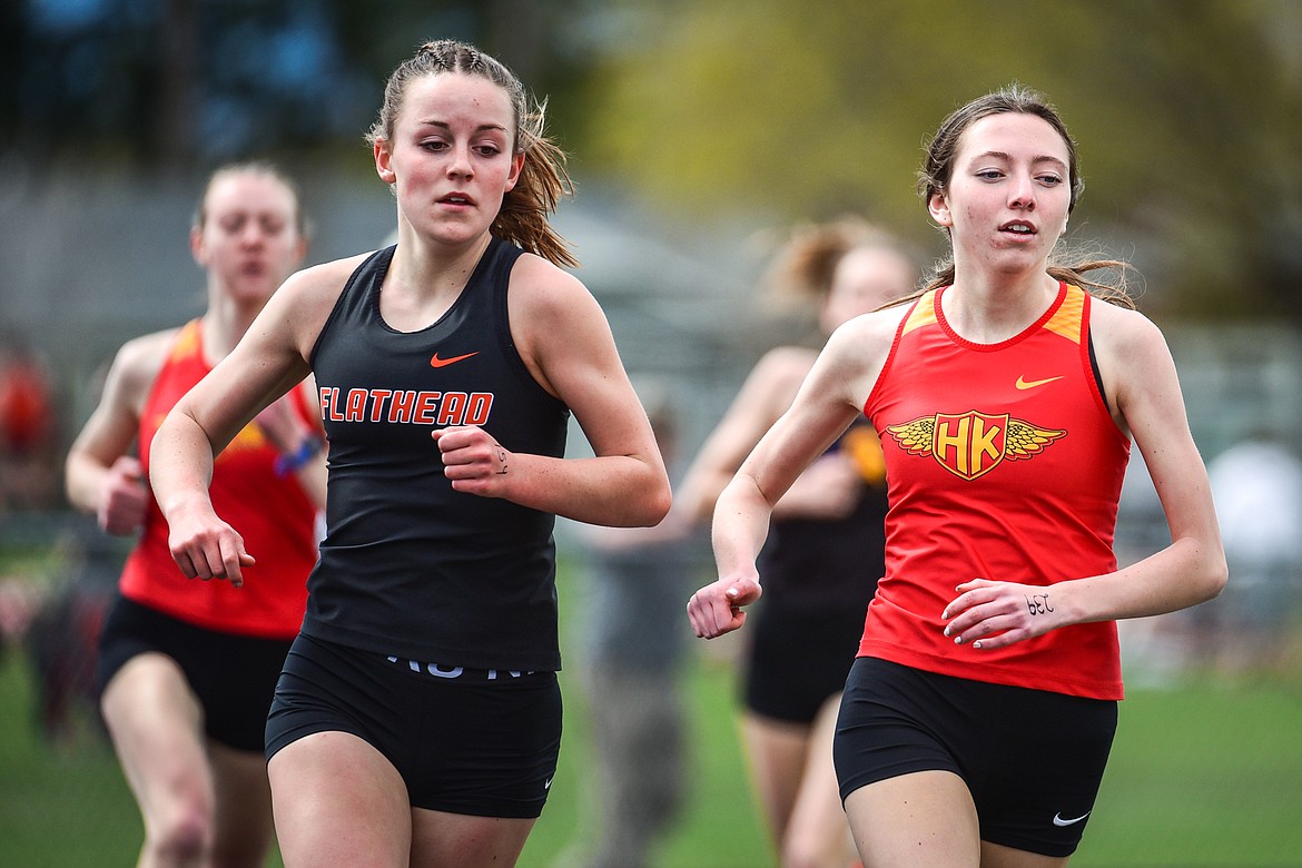 Flathead's Lilli Rumsey Eash competes in the girls 800 meter run during a triangular meet with Missoula Hellgate and Missoula Sentinel at Legends Stadium on Tuesday, May 3. (Casey Kreider/Daily Inter Lake)