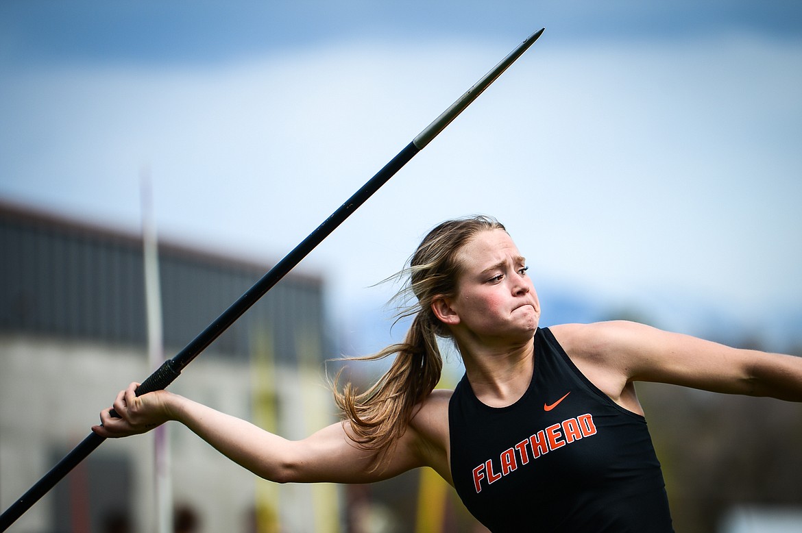 Flathead's Tali Miller releases a throw of 118 feet 11 inches in the girls javelin during a triangular meet with Missoula Hellgate and Missoula Sentinel at Legends Stadium on Tuesday, May 3. (Casey Kreider/Daily Inter Lake)