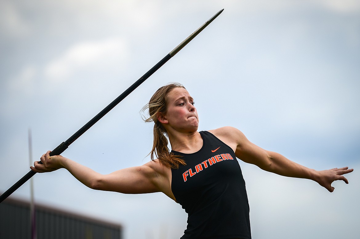 Flathead's Tali Miller releases a throw of 113 feet 10 inches in the girls javelin during a triangular meet with Missoula Hellgate and Missoula Sentinel at Legends Stadium on Tuesday, May 3. (Casey Kreider/Daily Inter Lake)