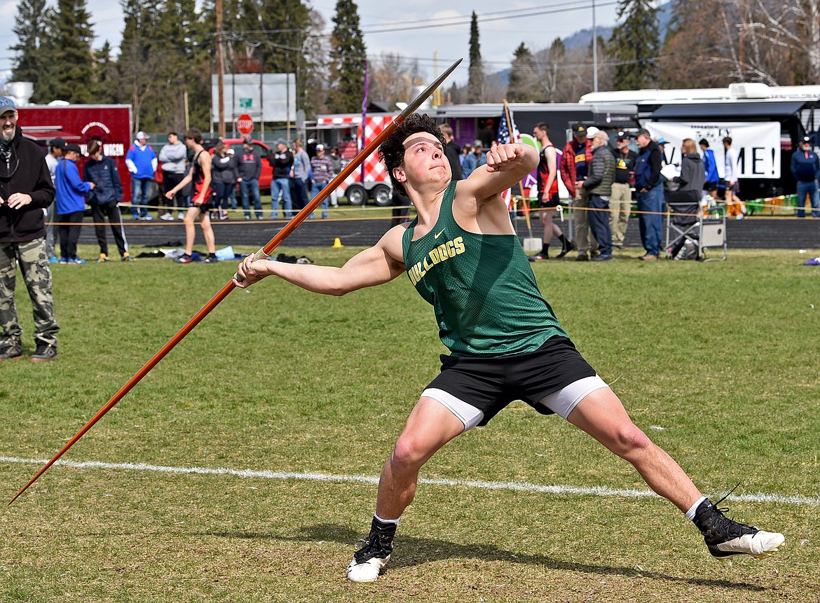 Bulldog Dennis Shestak competes in the javelin event at the Whitefish ARM on Saturday. (Whitney England/Whitefish Pilot)