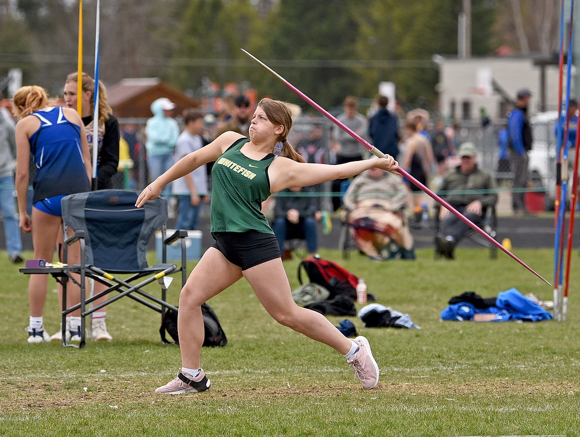 Whitefish's Drew Steele competes in javelin at the Whitefish ARM meet on Saturday. (Whitney England/Whitefish Pilot)