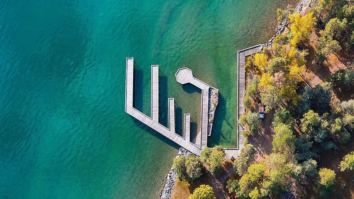 Cromwell Island in Flathead Lake is up for sale at $72 million. The private island includes a boat dock that has five slips varying in size. (Photo courtesy of Bill McDavid, Hall and Hall Partners)