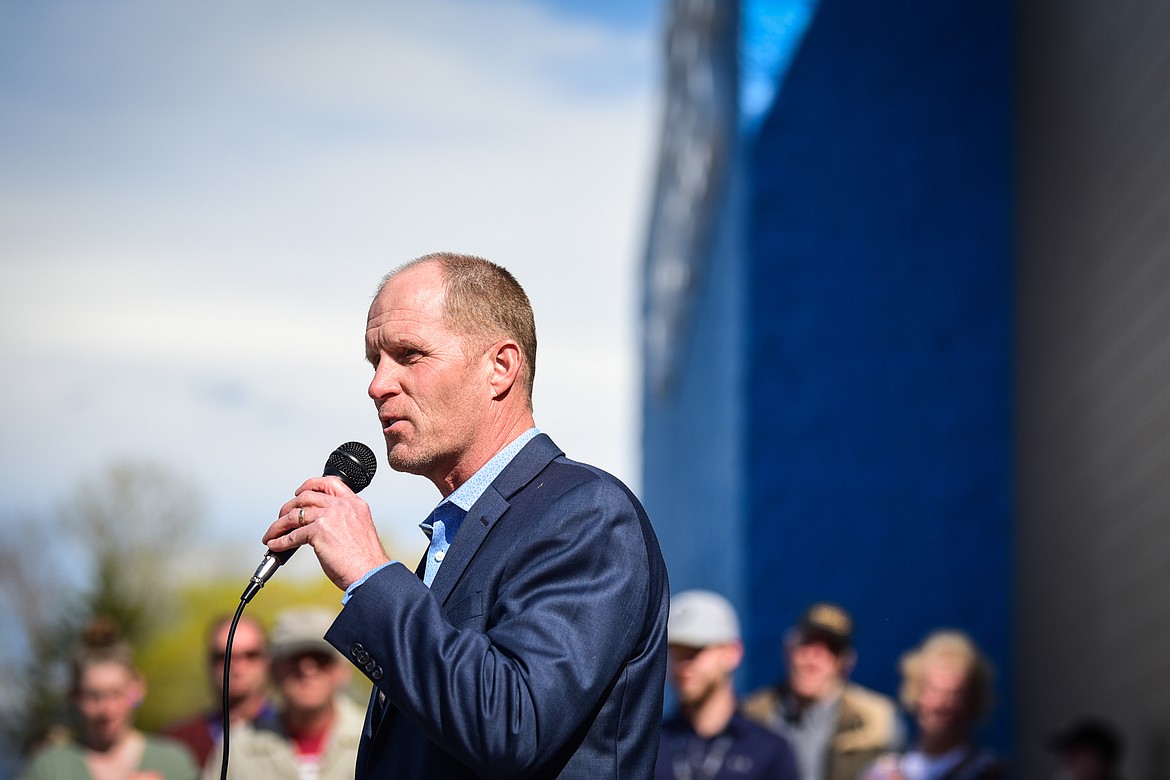 Brian Aegerter, Applied Materials' General Manager for Montana, speaks during a ceremony held for the opening of the company's facility in Evergreen on Wednesday, May 4. (Casey Kreider/Daily Inter Lake)