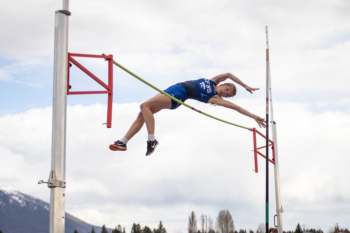 Columbia Falls pole vaulter Hannah Sempf clears 10 feet, 6 inches at the Cat-Dog duel in Columbia Falls on Tuesday, May 3. (JP Edge/Hungry Horse News)