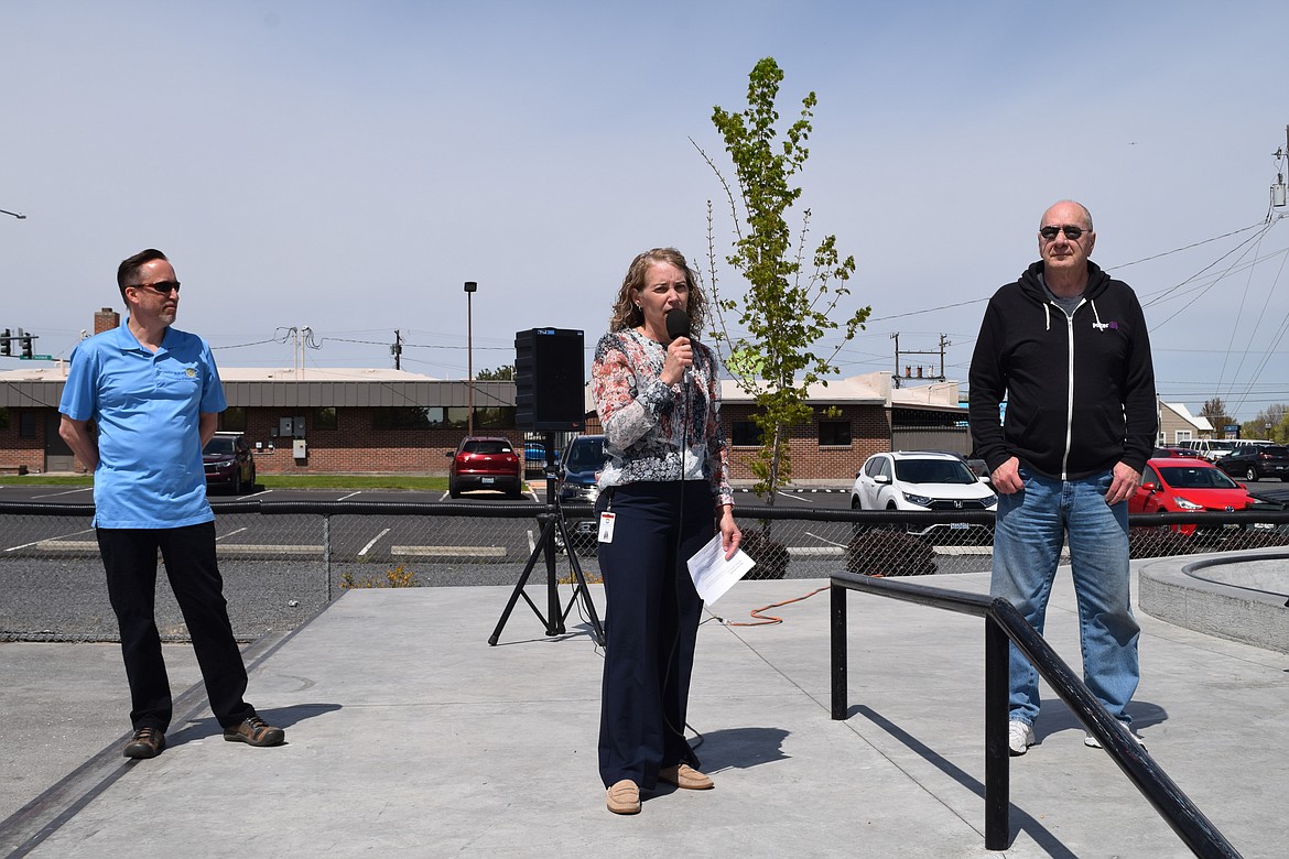 Past president of the Rotary Club of Moses Steve Ausere (left), Director of Moses Lake City Parks, Recreation and Cultural Services Susan Schwiesow, and Moses Lake Mayor Dean Hankins at the ribbon cutting ceremony for the improvements to the city’s skate park on Wednesday.
