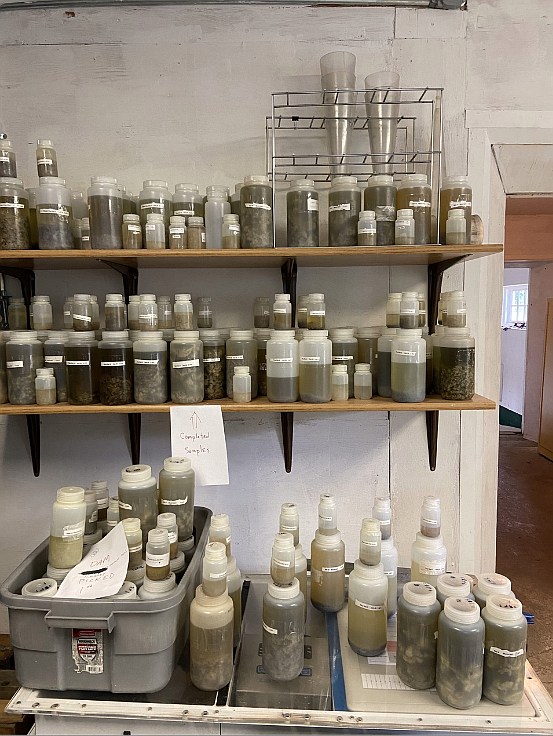 A wall of Didymosphenia geminata, or “rock snot,” samples stored at FWP’s Libby area office. FWP has been monitoring rock snot in the Kootenai River since 2009. (Photo courtesy Bowman Leigh)