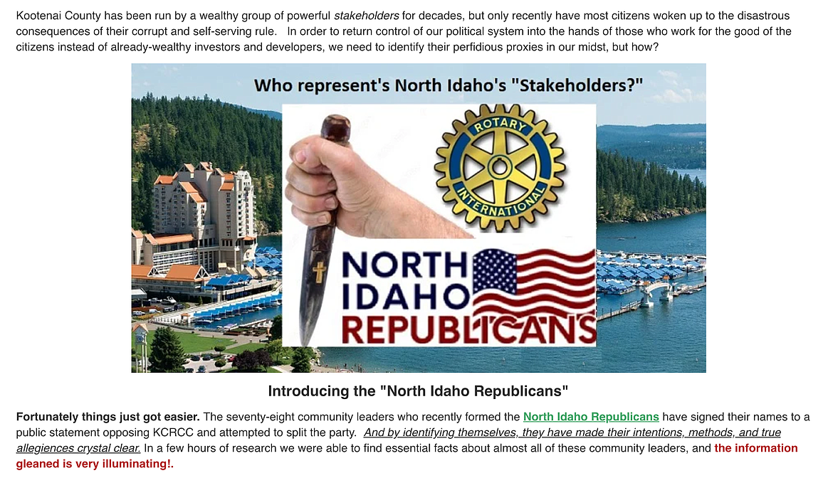 A recent blog post on an anonymous, growth-focused website characterized Rotarians as being part of a “network of insidious influence.” The post circulated widely online. Image via North Idaho Slow Growth.