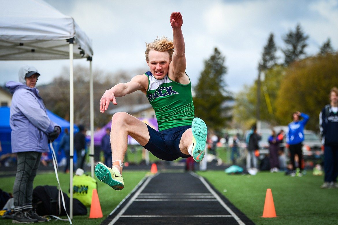 Glacier's Tate Kauffman competes in the long jump at the Archie Roe Invitational track meet at Legends Stadium on Saturday, May 7. (Casey Kreider/Daily Inter Lake)