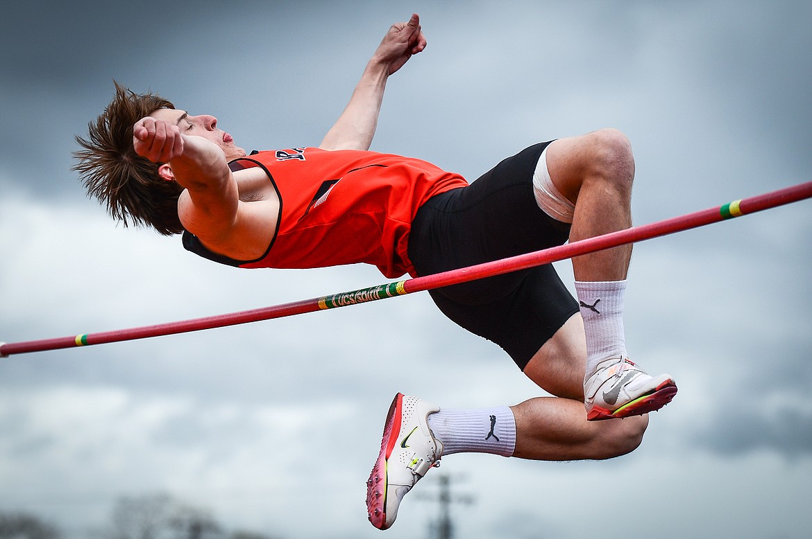 Flathead's Dylan Zink clears 5 foot 10 inches in the high jump at the Archie Roe Invitational track meet at Legends Stadium on Saturday, May 7. (Casey Kreider/Daily Inter Lake)