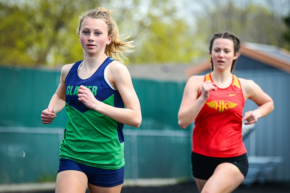 Glacier's Alyssa Vollertsen took first place in the girls 800 meter run at the Archie Roe Invitational track meet at Legends Stadium on Saturday, May 7. (Casey Kreider/Daily Inter Lake)