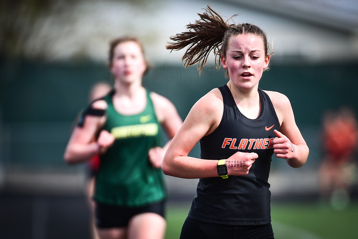 Flathead's Lilli Rumsey Eash placed first in the girls 3200 meter run at the Archie Roe Invitational track meet at Legends Stadium on Saturday, May 7. (Casey Kreider/Daily Inter Lake)