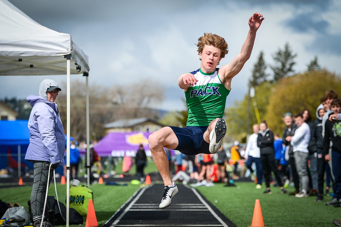 Glacier's Connor Sullivan competes in the long jump at the Archie Roe Invitational track meet at Legends Stadium on Saturday, May 7. (Casey Kreider/Daily Inter Lake)