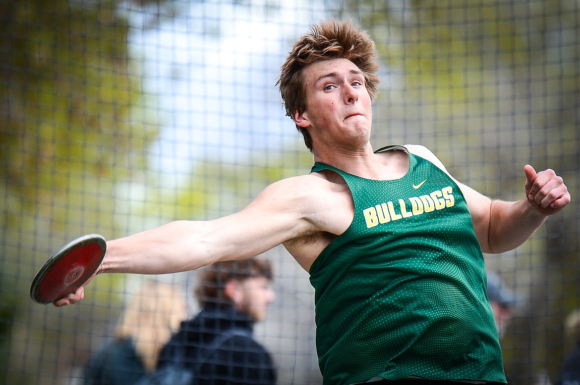 Whitefish's Talon Holmquist competes in the discus at the Archie Roe Invitational track meet at Legends Stadium on Saturday, May 7. (Casey Kreider/Daily Inter Lake)