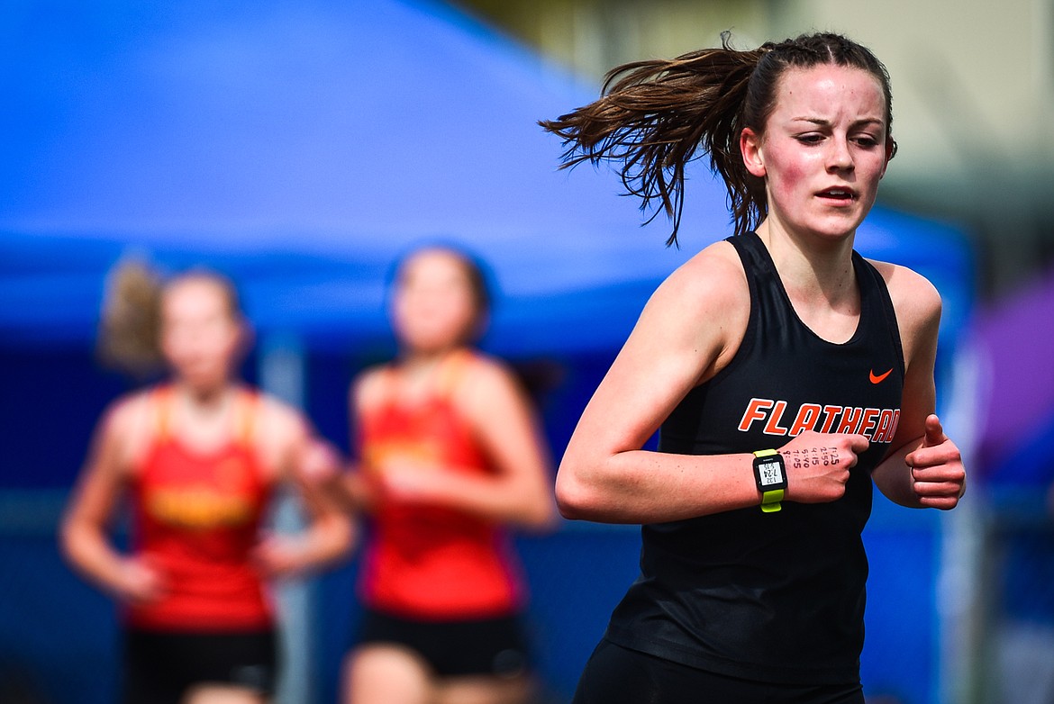 Flathead's Lilli Rumsey Eash placed first in the girls 3200 meter run at the Archie Roe Invitational track meet at Legends Stadium on Saturday, May 7. (Casey Kreider/Daily Inter Lake)