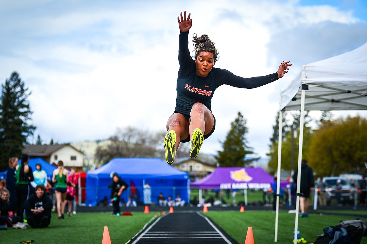 Flathead's Akilah Kubi competes in the long jump at the Archie Roe Invitational track meet at Legends Stadium on Saturday, May 7. (Casey Kreider/Daily Inter Lake)