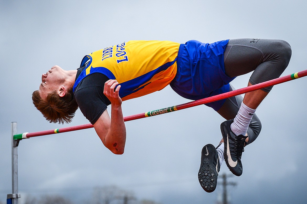 Libby's Trey Andersen clears 6 feet in the high jump at the Archie Roe Invitational track meet at Legends Stadium on Saturday, May 7. (Casey Kreider/Daily Inter Lake)