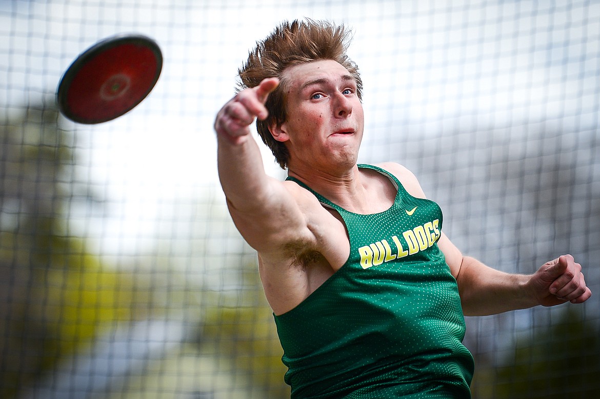 Whitefish's Talon Holmquist competes in the discus at the Archie Roe Invitational track meet at Legends Stadium on Saturday, May 7. (Casey Kreider/Daily Inter Lake)