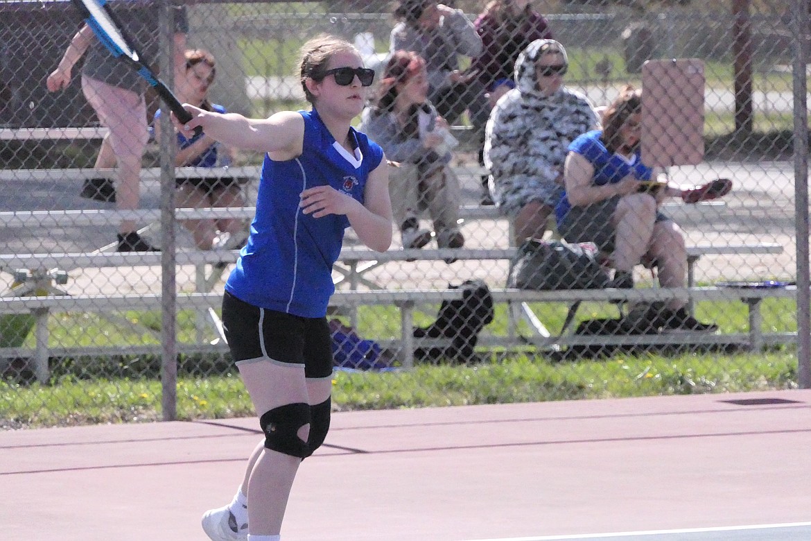 Superior sophomore Lanie Crabb returns a backhand shot during her singles match this past week in Philipsburg. (Chuck Bandel/MI-VP)
