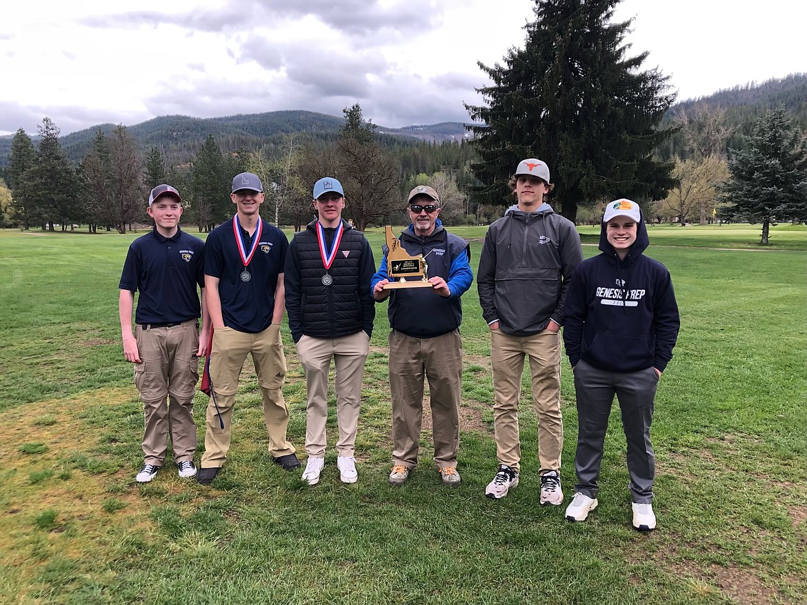 Courtesy photo
Genesis Prep's boys won the 2A District 1-2 golf championship Monday at Pinehurst Golf Course. From left are Gabe Missamore, CJ Elliott, Carson Rubert, coach Mike Hillard, Caleb Schroeder and Isaiah Bateman.