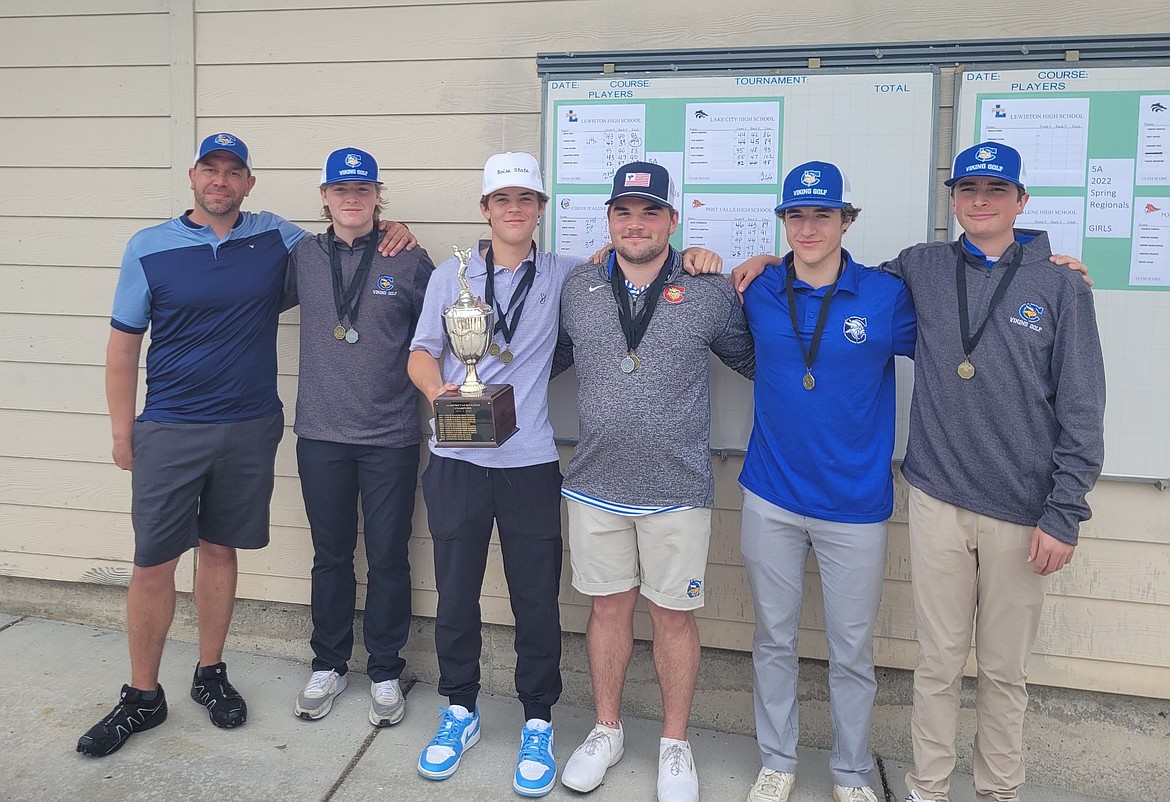 Courtesy photo
The Coeur d'Alene High boys golf team won the 5A Region 1 golf championship on Tuesday at Lewiston Country Club. From left, are coach Chase Bennett, Trey Nipp, Grant Potter, Cole Jaworski, Parker Freeman and Luke West.