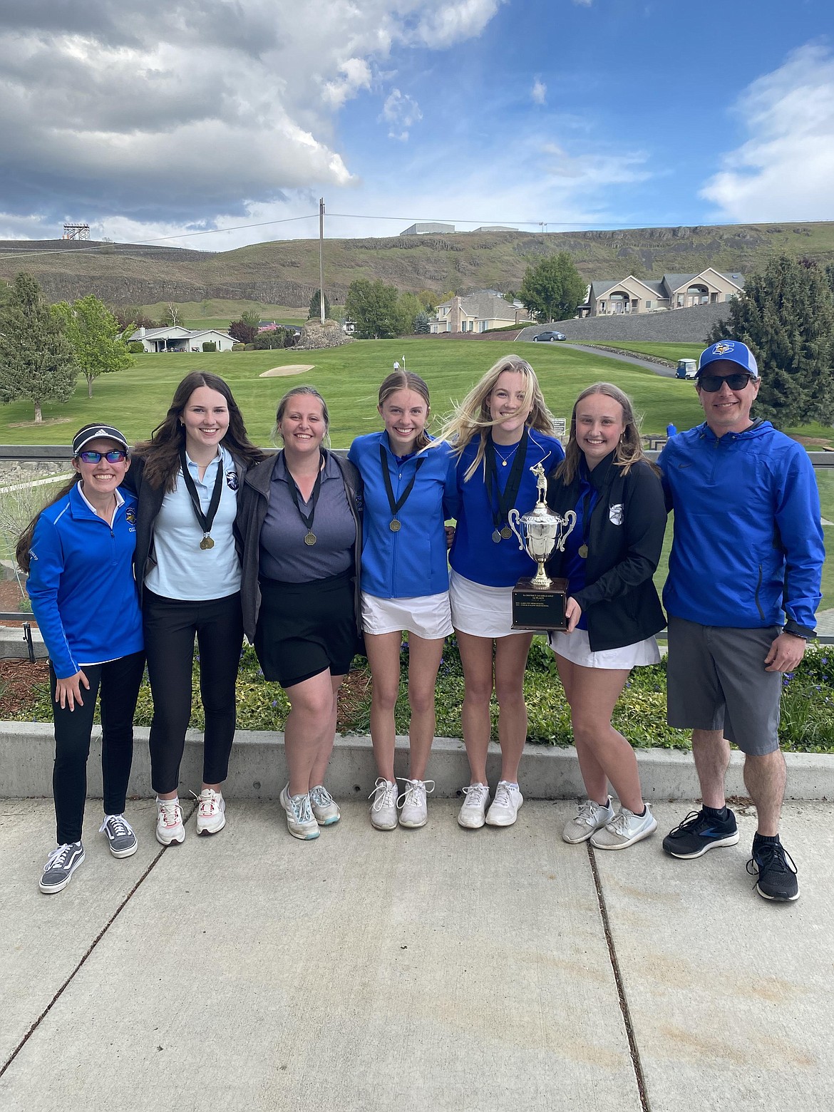 Courtesy photo
The Coeur d'Alene High girls golf team won at the 5A Region 1 tournament at Lewiston Country Club on Tuesday. From left, are: Hayden Crenshaw, Peyton Blood, Cass Lee, Paige Crabb, Taylor Potter, Brianna Priest and coach Jeff Lake.