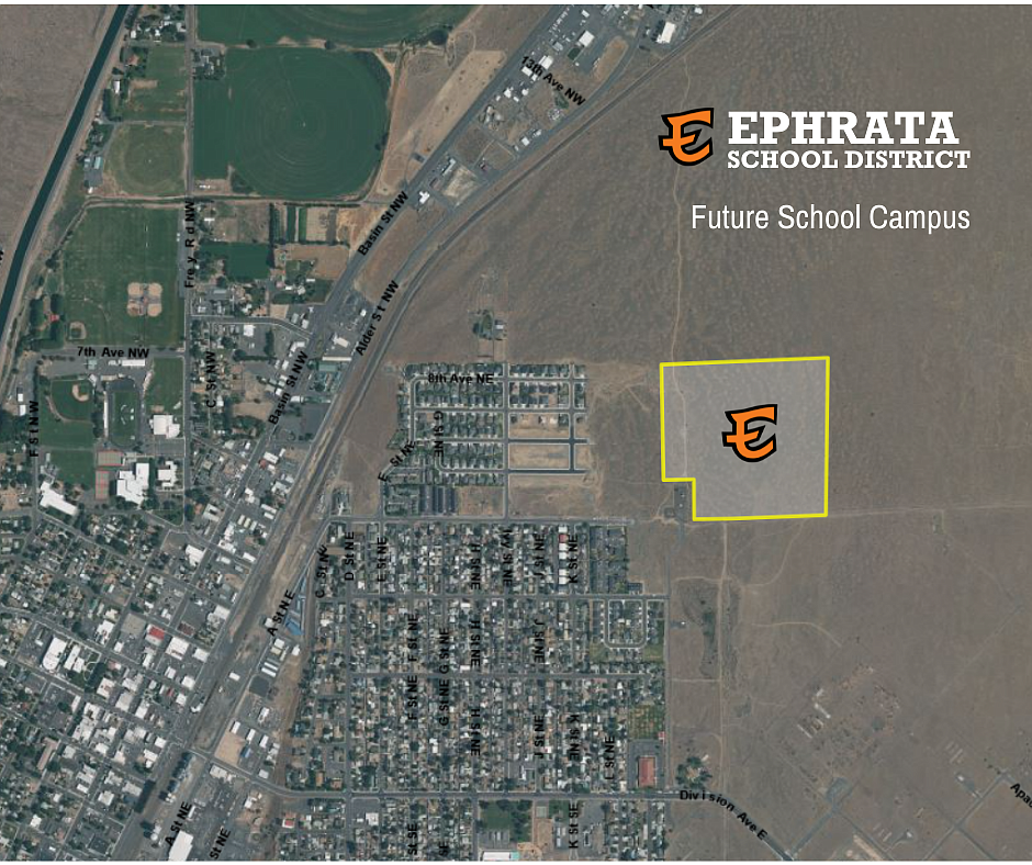 The parcel of land outlined above will be purchased by the Ephrata School District pending some final formalities, including an analysis of the property and a school board vote following that analysis. Given rapid growth in and around Ephrata, district and city officials say the purchase of the land is prudent.