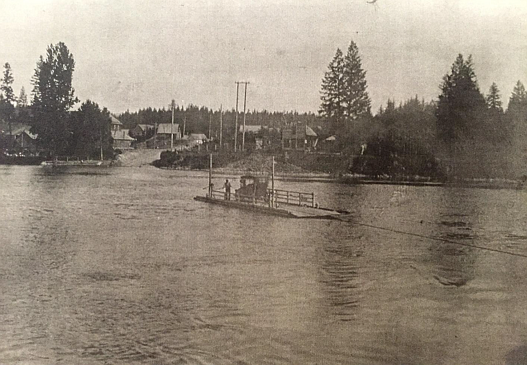 Photo of the Holt Ferry, circa 1910, crossing to Holt. Attribution: Northwest Montana Museum of History Collection (Central School Museum)