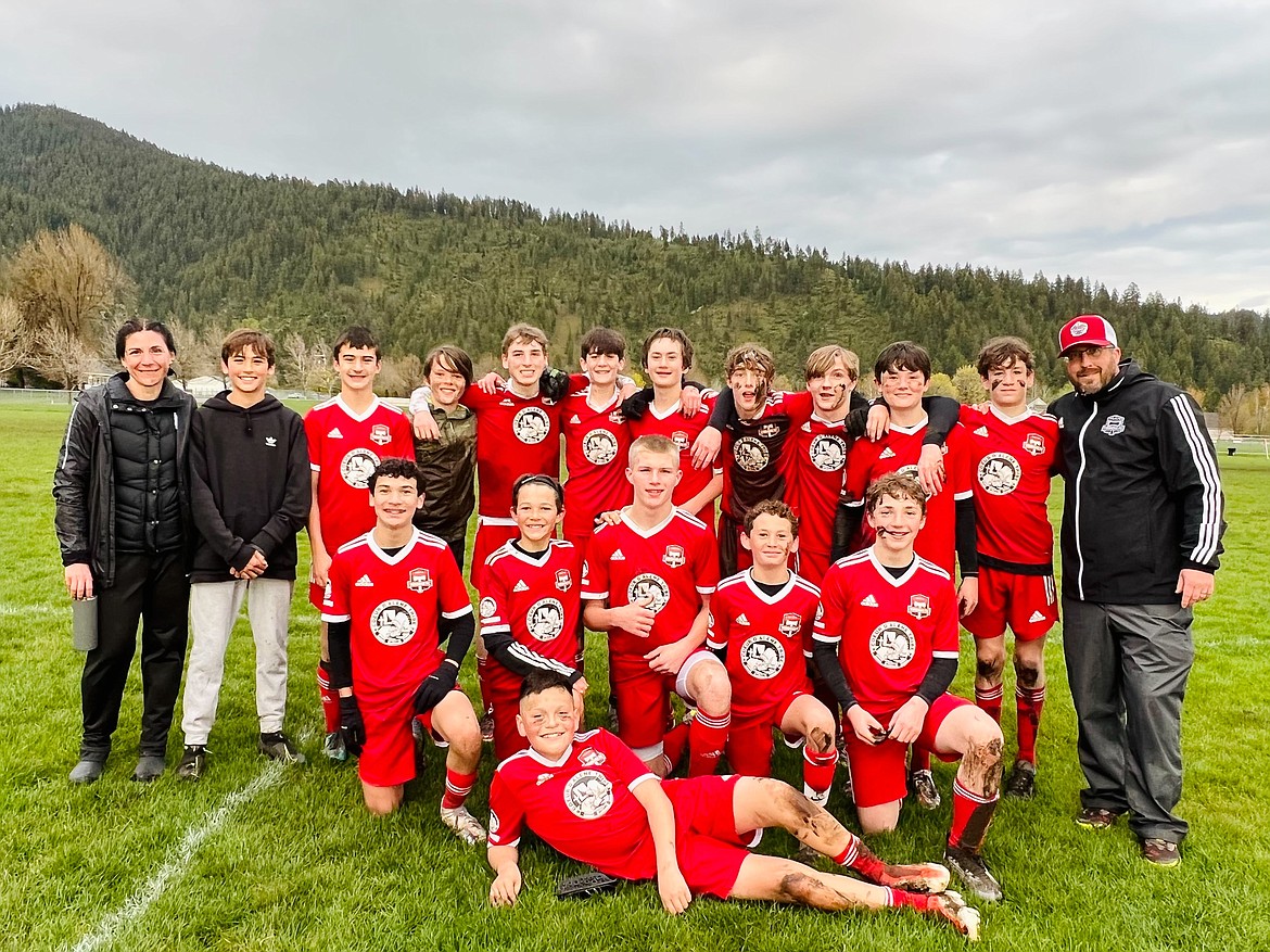 Courtesy photo
The Timbers North FC 08 Boys Red soccer took second place in the gold division of the recent Bill Eisenwinter Hot Shot Tournament. Saturday morning, the Timbers tied Montana Surf Boys 2008 Gold 3-3. Isaac Lowder scored twice for the Timbers. Jack Jenkins scored a goal. Preston Samayoa had an assist. Later that day, the Timbers defeated GESC 2008 Black 5-0. Wyatt Carr scored two goals and had an assist. Brett Johnson, Isaac Lowder, and Preston Samayoa each scored a goal. Orion Burns was in goal for the shoutout. In the semifinal, the Timbers beat Idaho Juniors MD 3-2. Wyatt Carr, Isaac Lowder and Jaxon Fantozzi each scored a goal for the winners. Joshua Rojo was in goal for the win. In the championship game, the Timbers lost 4-1 against Billings United Pink 2008 Boys. Reese Crawford scored the lone goal for the Timbers. In the front is Joshua Rojo; second row from left, Preston Samayoa, Jack Jenkins, Caden Oxenrider, Brett Johnson and Drake Flowers; and back row from left, coach Tarragh Carr, Mitchell Rietze, Jaxon Fantozzi, Orion Burns, Reilly Smith, Wyatt Carr, Isaac Lowder, Reese Crawford, Bear Coleman, Charlie Dircksen, Parker Sterling and coach Nick Funkhouser.