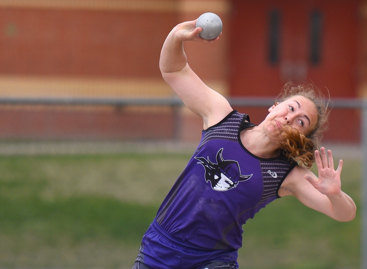 Charlo’s Kyla Tomlin swept the girls javelin and shot put at the Lake County Meet in Polson. (Scot Heisel/Lake County Leader)