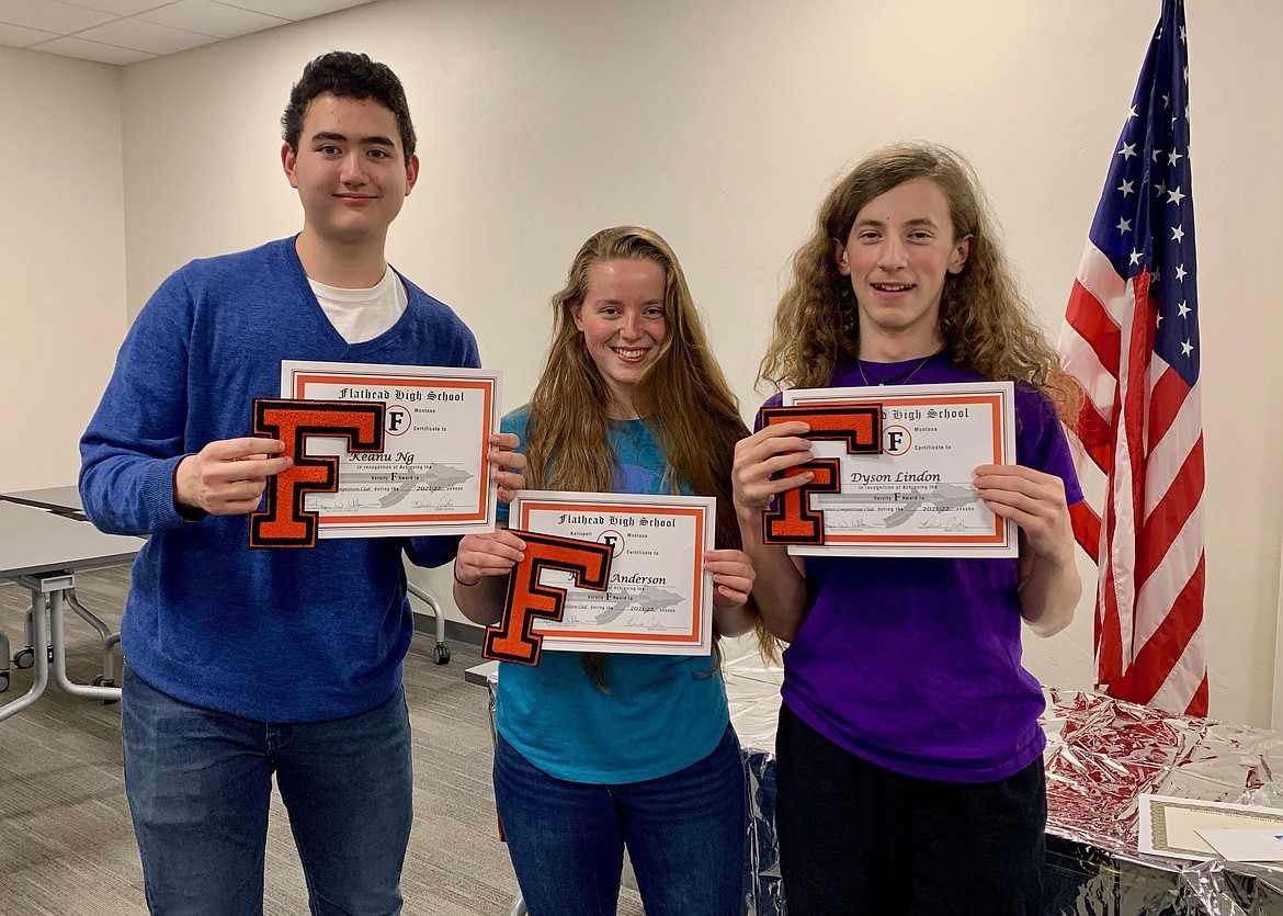 Keanu Ng, Kenna Anderson and Dyson Linden are the first recipients of Flathead High School's newest varsity letter in Science Club. The letters were awarded during a ceremony held Monday, May 2, 2022 at the school. Science Club students were also recognized for their achievements during the year at multiple science fairs and the Montana Science Olympiad. (Hilary Matheson/Daily Inter Lake)