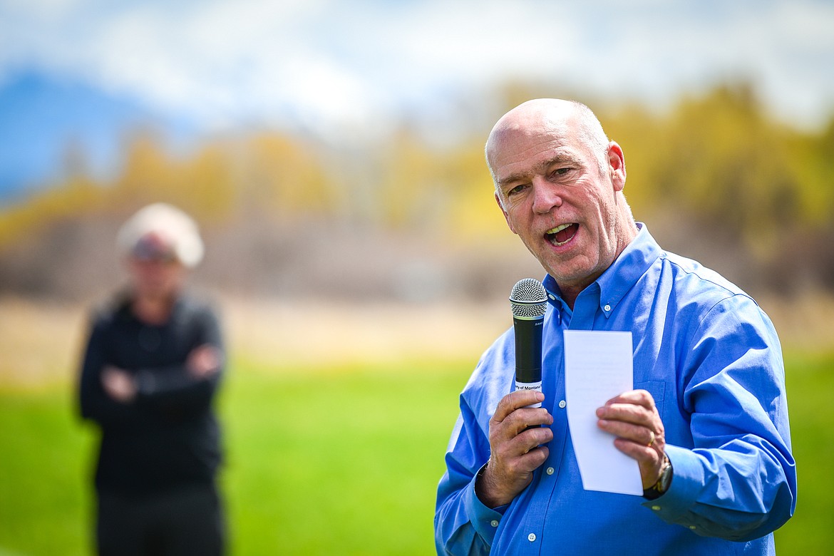 Gov. Greg Gianforte speaks during a ribbon-cutting ceremony at Somers Beach State Park on Thursday, May 12. (Casey Kreider/Daily Inter Lake)