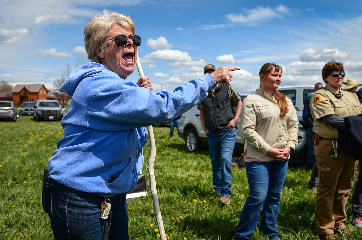 A protester shouts to interrupt a ribbon-cutting ceremony for Somers Beach State Park on Thursday, May 12. (Casey Kreider/Daily Inter Lake)