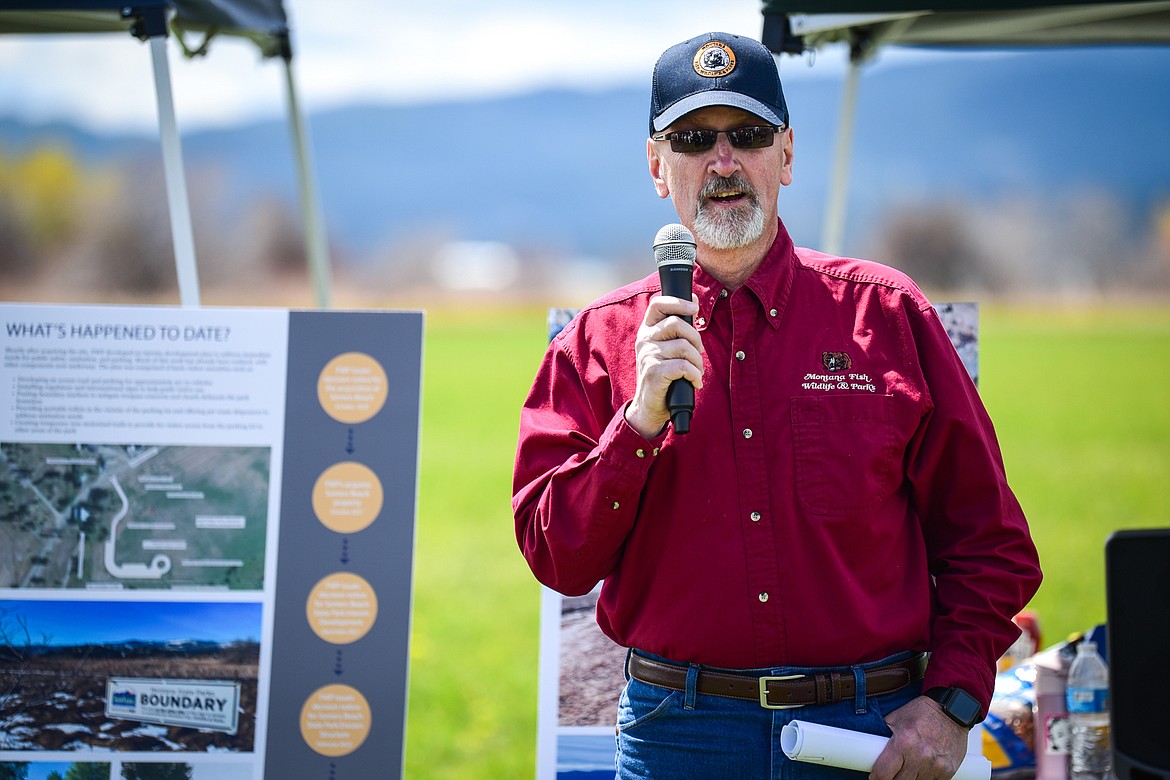 Montana Fish, Wildlife & Parks Director Hank Worsech speaks during a ribbon-cutting ceremony at Somers Beach State Park on Thursday, May 12. (Casey Kreider/Daily Inter Lake)
