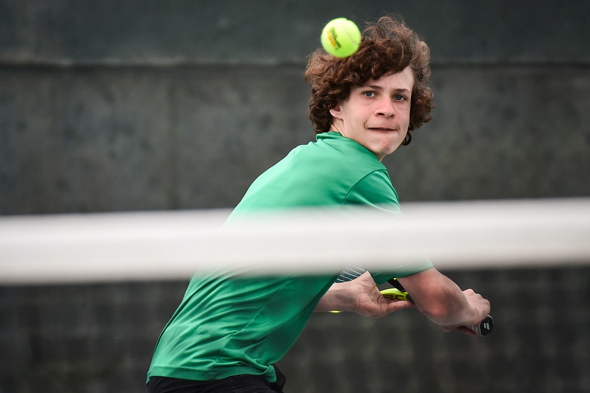 Glacier's Will Rudbach eyes a return against Flathead's Kutuk White at Flathead Valley Community College on Thursday, May 12. (Casey Kreider/Daily Inter Lake)