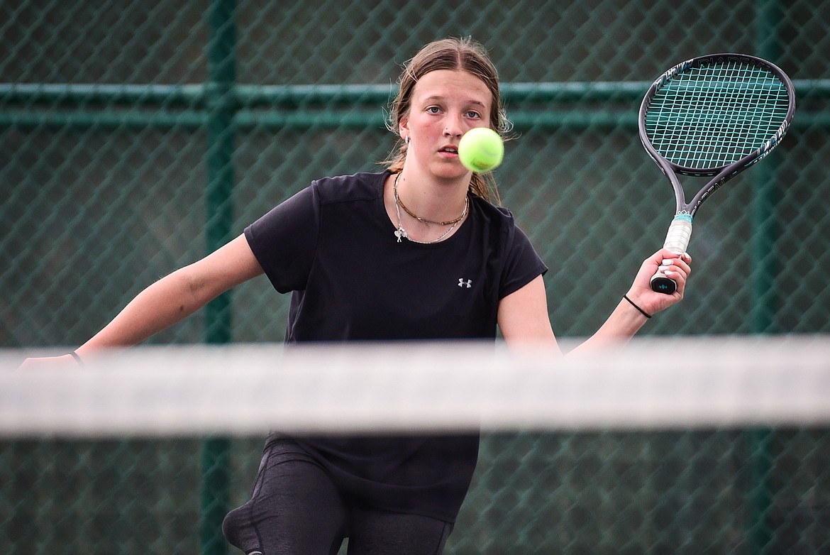 Flathead's Alexis Kersten eyes a return against Glacier's Naomi Jutzi at Flathead Valley Community College on Thursday, May 12. (Casey Kreider/Daily Inter Lake)