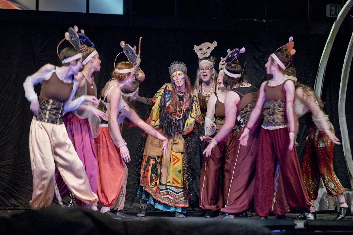 Senior Sierra Arnspiger as Rafiki (center) is surrounded by lionesses in a scene from "The Lion King Jr." Christian Center School will present the show at 2 and 7 p.m. today and Saturday.