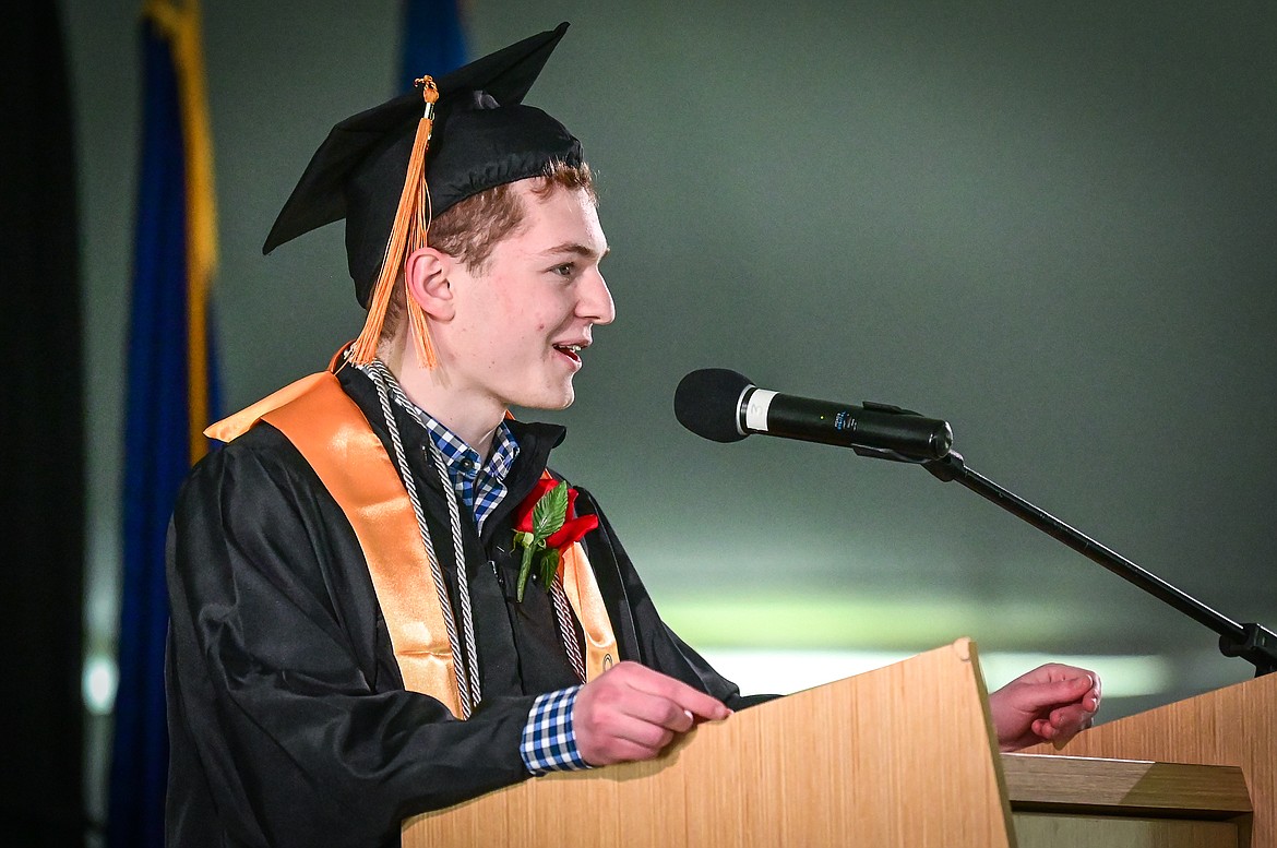Student Government President Emmett Jeschke speaks during Flathead Valley Community College's 54th commencement ceremony on Friday, May 13. (Casey Kreider/Daily Inter Lake)
