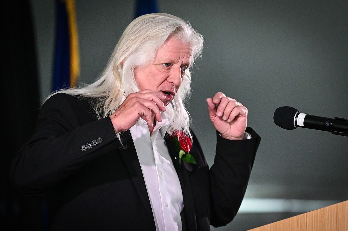 Joe Legate, retired faculty in the Humanities Division, gives a commencement speech at Flathead Valley Community College's 54th commencement ceremony on Friday, May 13. (Casey Kreider/Daily Inter Lake)