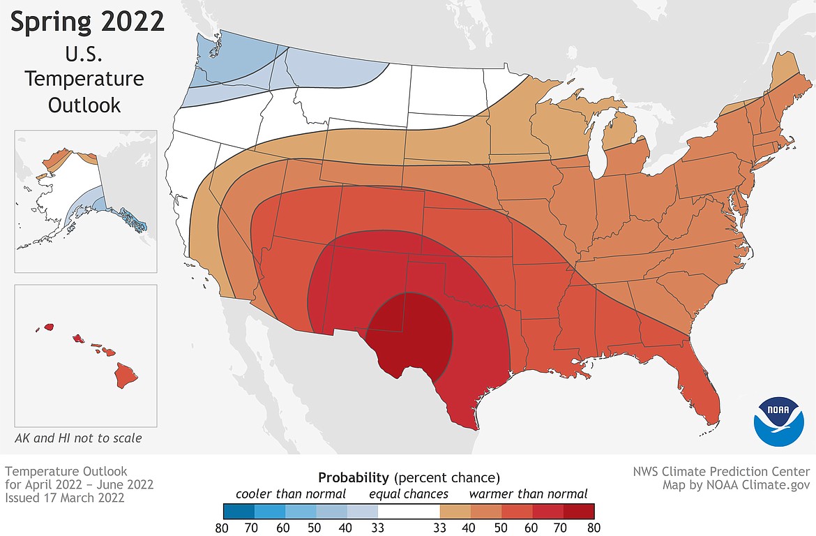 Temperature and precipitation forecasts from NOAA’s Spring Outlook, published in mid-March.