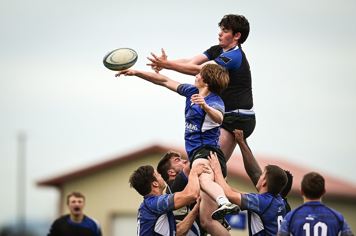 Flathead Valley and Helena battle for a lineout during the semifinals of the State Rugby Tournament at Glacier High School on Saturday, May 14. (Casey Kreider/Daily Inter Lake)