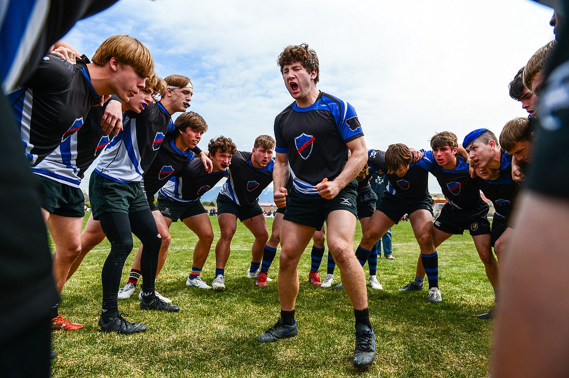 Flathead Valley Black and Blue captain Fin Nadeau (9) fires up the team before the championship game against the Missoula Mud Dogs at the State Rugby Tournament at Glacier High School on Saturday, May 14. (Casey Kreider/Daily Inter Lake)