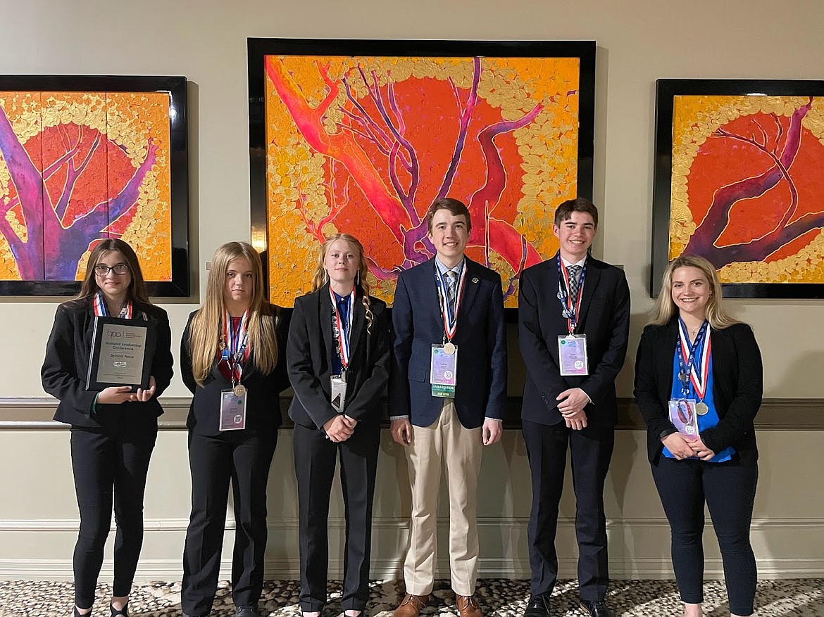 From left, St. Regis Students, Lilly Sansom, Shelby Simkins, Macy Hill, Carter Jasper, Jack Connolly, and Baylee Pruitt proudly display their medals and awards they won at the 2022 BPA National Leadership Conference down in Dallas, Texas last week. (Photo courtesy/Tina Hill)