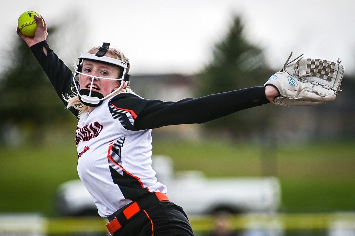 Flathead pitcher Lacie Franklin (22) delivers to a Glacier batter during a crosstown softball game at Kidsports Complex on Tuesday, May 17. (Casey Kreider/Daily Inter Lake)