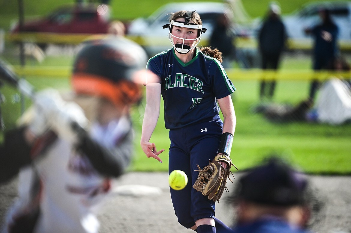 Glacier pitcher Ella Farrell (12) delivers to a Flathead batter during crosstown softball at Kidsports Complex on Tuesday, May 17. (Casey Kreider/Daily Inter Lake)