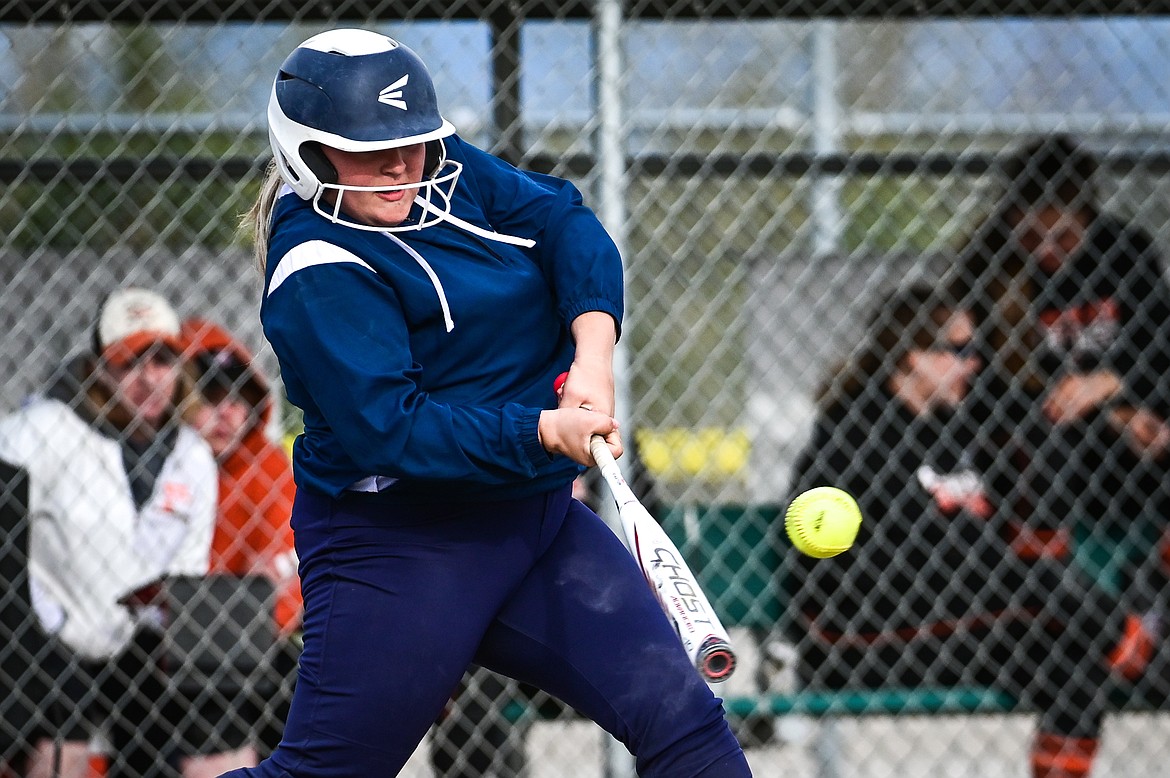 Glacier's Paishance Haller (27) connects for a hit against Flathead at Kidsports Complex on Tuesday, May 17. (Casey Kreider/Daily Inter Lake)