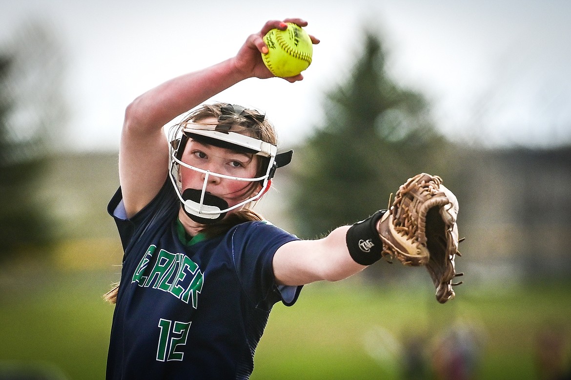 Glacier pitcher Ella Farrell (12) delivers to a Flathead batter during crosstown softball at Kidsports Complex on Tuesday, May 17. (Casey Kreider/Daily Inter Lake)