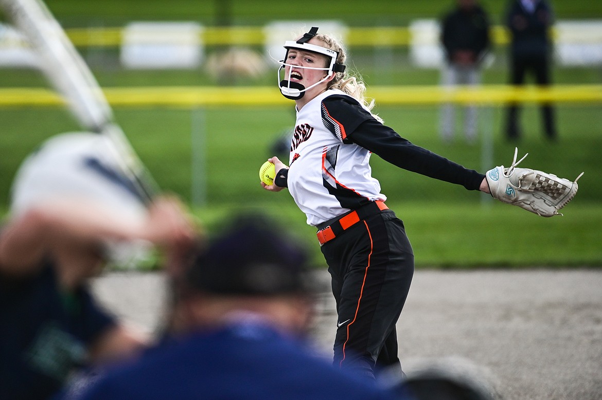 Flathead pitcher Lacie Franklin (22) delivers to a Glacier batter during a crosstown softball game at Kidsports Complex on Tuesday, May 17. (Casey Kreider/Daily Inter Lake)