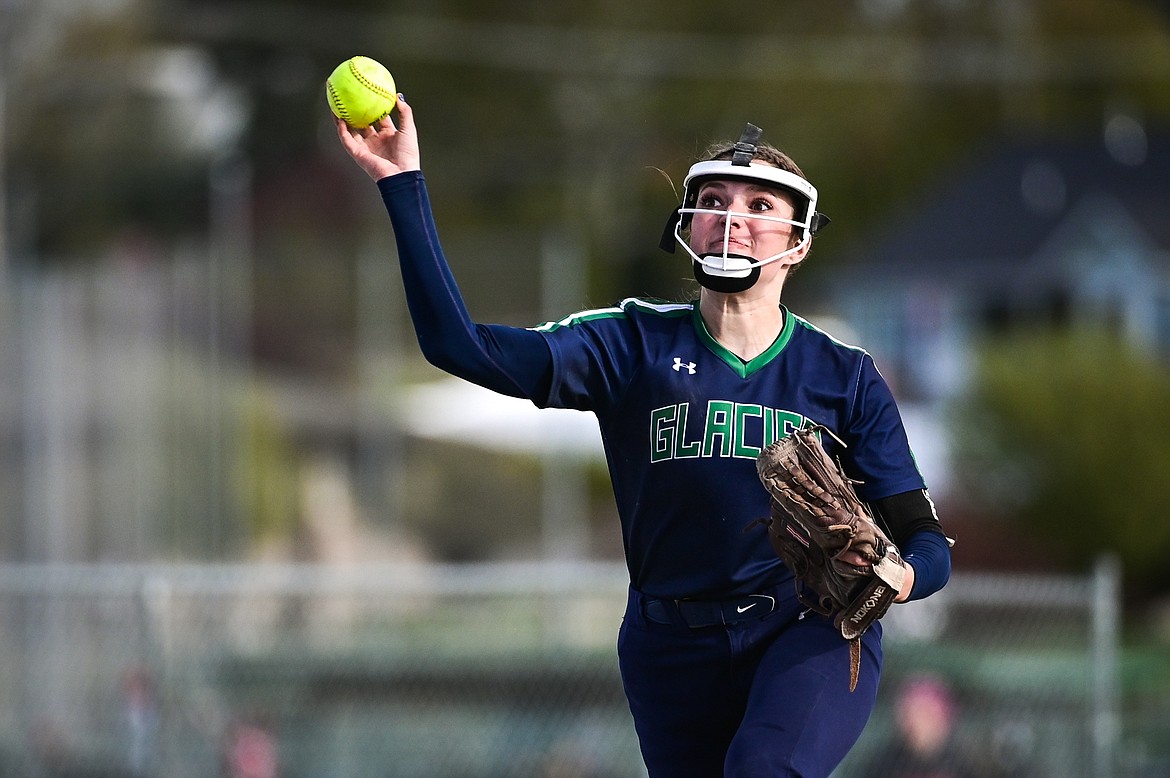 Glacier shortstop Sammie Labrum (1) fires to first base against Flathead at Kidsports Complex on Tuesday, May 17. (Casey Kreider/Daily Inter Lake)