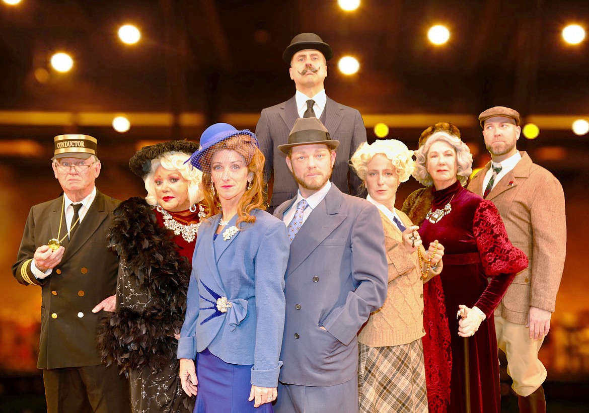 Mike Conway, Christine Dannic, Katie Nixon, Anthony Mead, Adam Pitman, Laura Abernethy, Jeanna Wisher, and David Blair in WTC’s production of “Murder On The Orient Express” (photo courtesy of the Whitefish Theatre Company)